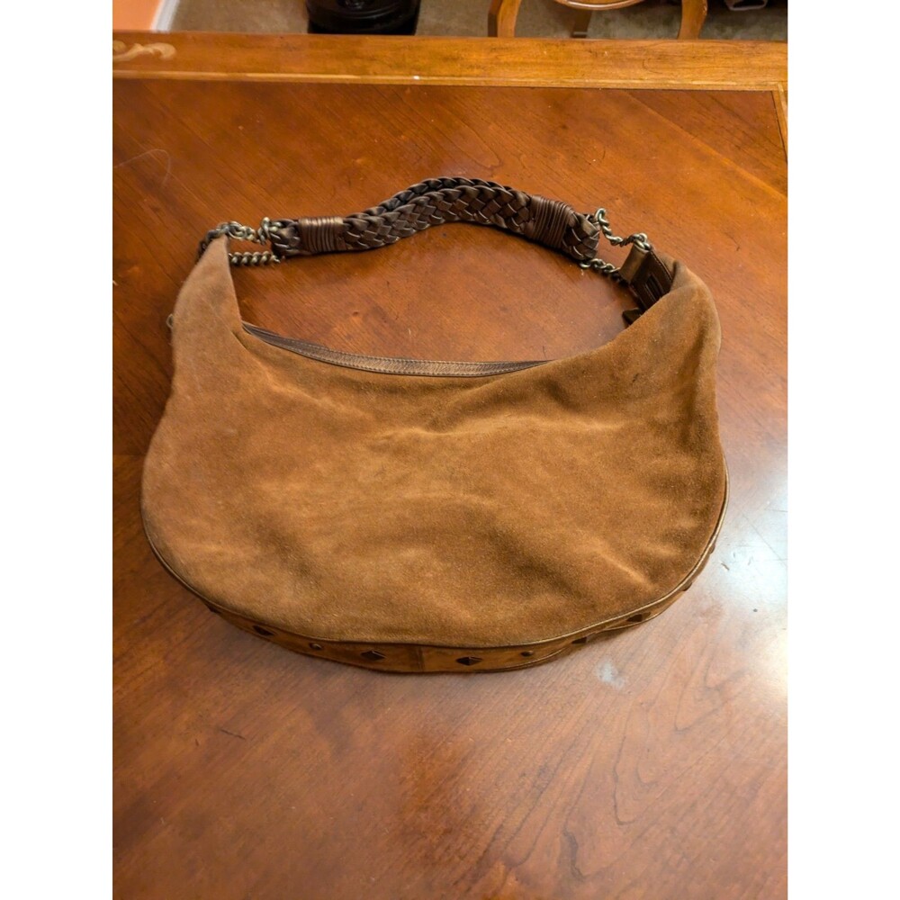 Donald Pliner Camel Suede/Metallic Cresent Studded Trim Hobo Purse